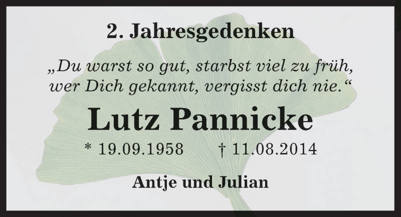  Traueranzeige für Lutz Pannicke vom 11.08.2016 aus Mitteldeutsche Zeitung Dessau-Roßlau