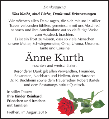 Traueranzeige von Änne Kurth von Mitteldeutsche Zeitung Köthen