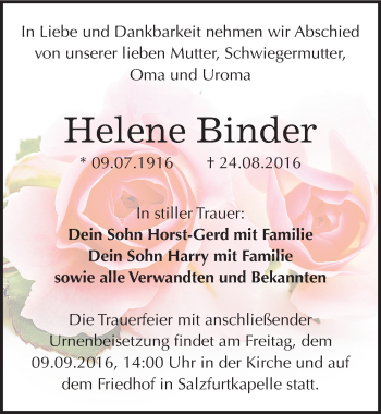 Traueranzeige von Helene Binder von Mitteldeutsche Zeitung Bitterfeld