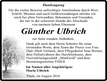 Traueranzeige von Günther Ulbrich von Mitteldeutsche Zeitung Quedlinburg