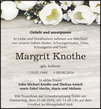 Traueranzeige von Margrit Knothe von Mitteldeutsche Zeitung Weißenfels