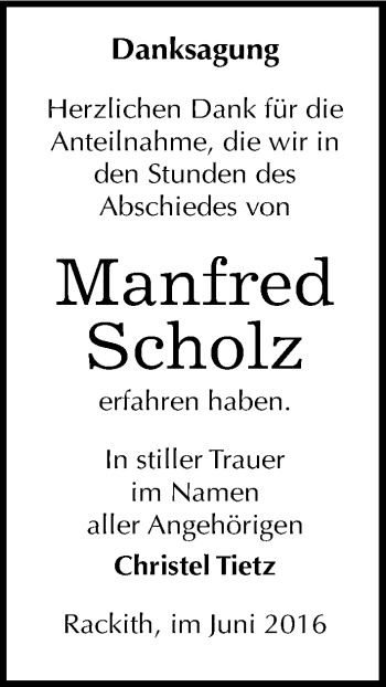 Traueranzeige von Manfred Scholz von Mitteldeutsche Zeitung Wittenberg