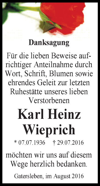 Traueranzeige von Karl Heinz Wieprich von Super Sonntag Aschersleben