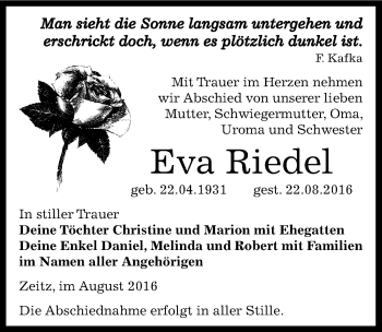 Traueranzeige von Eva Riedel von Mitteldeutsche Zeitung Zeitz