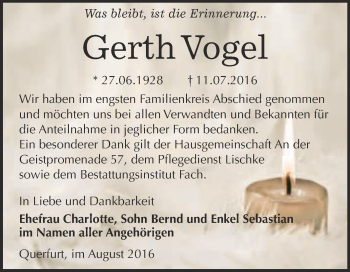 Traueranzeige von Gerth Vogel von WVG - Wochenspiegel Merseburg