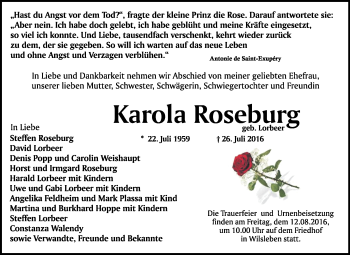 Traueranzeige von Karola Roseburg von WVG - Wochenspiegel Quedlinburg