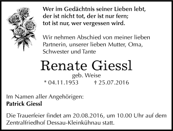 Traueranzeige von Renate Giessl von Mitteldeutsche Zeitung Dessau-Roßlau