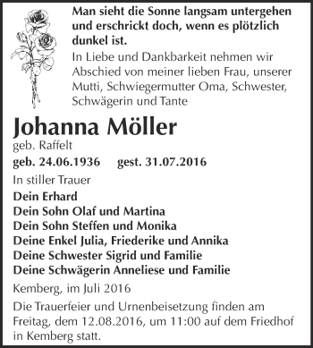 Traueranzeige von Johanna Möller von WVG - Wochenspiegel Wittenberg