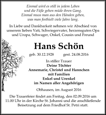 Traueranzeige von Hans Schön von Mitteldeutsche Zeitung Merseburg/Querfurt
