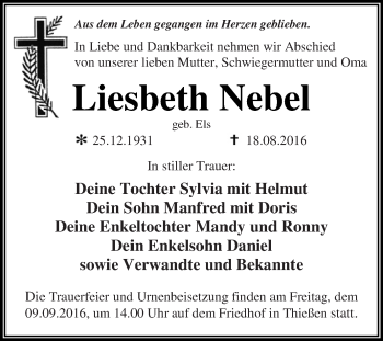 Traueranzeige von Liesbeth Nebel von WVG - Wochenspiegel Dessau / Köthen