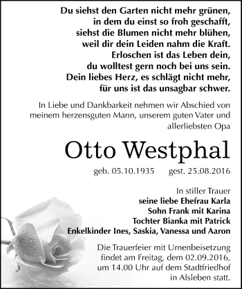 Traueranzeige von Otto Westphal von Mitteldeutsche Zeitung Bernburg