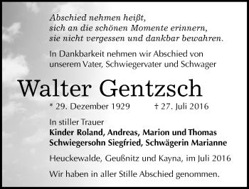 Traueranzeige von Walter Gentzsch von Mitteldeutsche Zeitung Zeitz