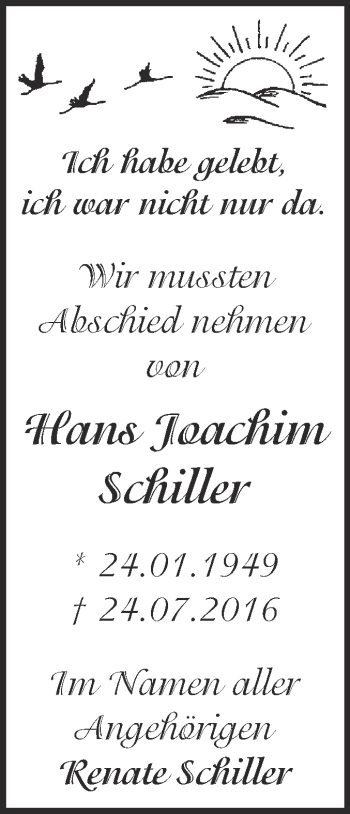 Traueranzeige von Hans Joachim Schiller von WVG - Wochenspiegel Dessau / Köthen