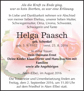 Traueranzeige von Helga Paasch von Mitteldeutsche Zeitung Köthen