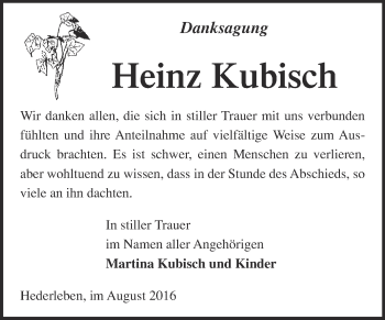 Traueranzeige von Heinz Kubisch von WVG - Wochenspiegel Quedlinburg