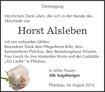 Traueranzeige von Horst Alsleben von Mitteldeutsche Zeitung Bernburg
