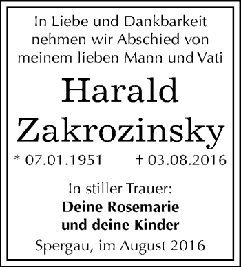 Traueranzeige von Harald Zakrozinsky von Mitteldeutsche Zeitung Merseburg/Querfurt