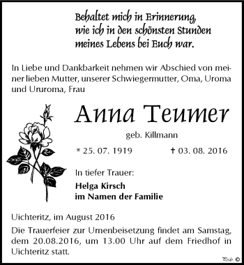 Traueranzeige von Anna Teumer von Mitteldeutsche Zeitung Weißenfels