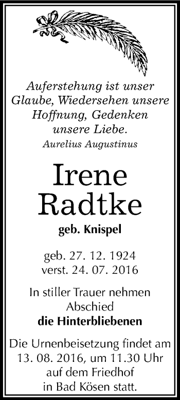 Traueranzeige von Irene Radtke von Mitteldeutsche Zeitung Naumburg/Nebra