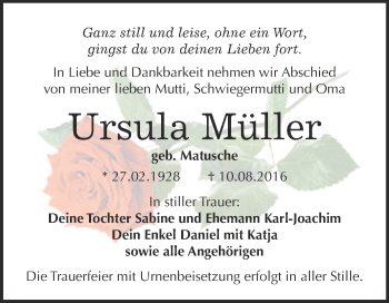 Traueranzeige von Ursula Müller von WVG - Wochenspiegel Bitterfeld