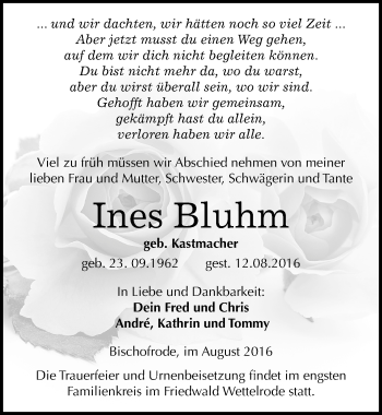 Traueranzeige von Ines Bluhm von Mitteldeutsche Zeitung Mansfelder Land
