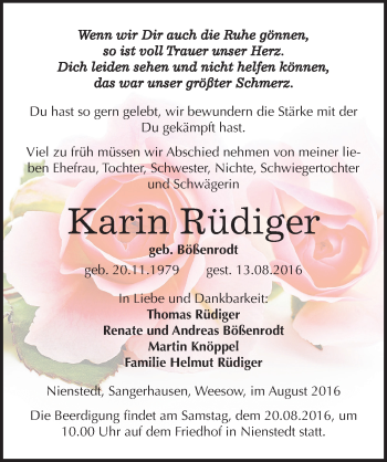Traueranzeige von Karin Rüdiger von Mitteldeutsche Zeitung Sangerhausen