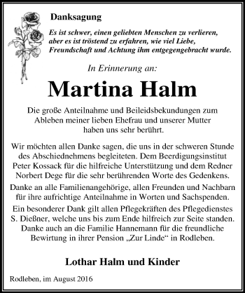 Traueranzeige von Martina Halm von Mitteldeutsche Zeitung Dessau-Roßlau