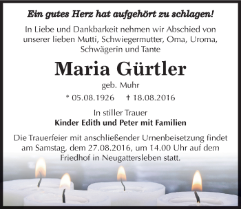 Traueranzeige von Maria Gürtler von Mitteldeutsche Zeitung Bernburg