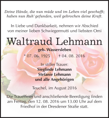 Traueranzeige von Waltraud Lehmann von Mitteldeutsche Zeitung Wittenberg
