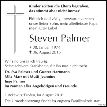 Traueranzeige von Steven Palmer von Super Sonntag Zeitz
