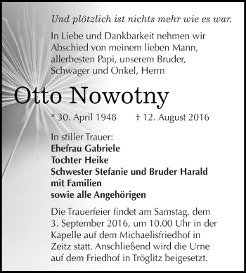 Traueranzeige von Otto Nowotny von Super Sonntag Zeitz