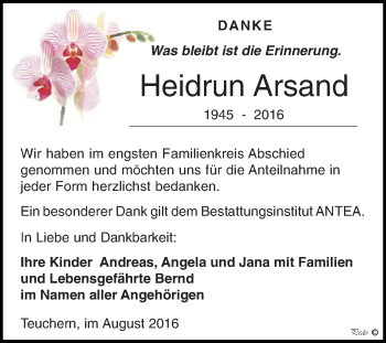 Traueranzeige von Heidrun Arsand von WVG - Wochenspiegel NMB / WSF / ZTZ