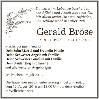 Traueranzeige von Gerald Bröse von Wochenspiegel Mansfelder Land