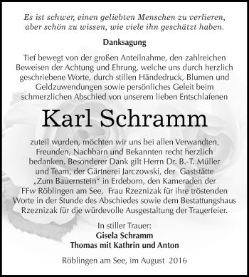 Traueranzeige von Karl Schramm von Wochenspiegel Mansfelder Land