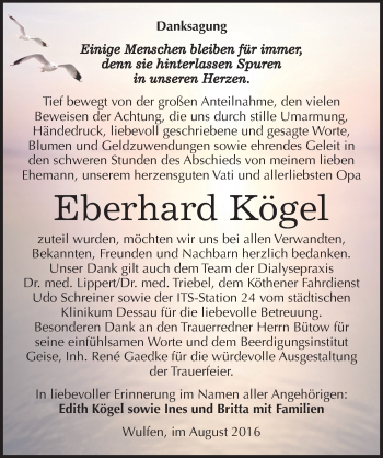 Traueranzeige von Eberhard Kögel von Mitteldeutsche Zeitung Köthen