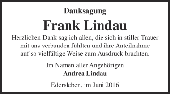 Traueranzeige von Frank Lindau von Super Sonntag SGH Mansf. Land