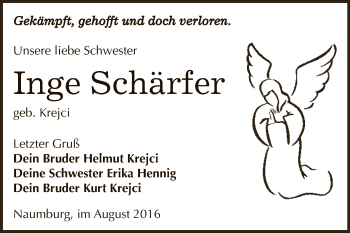 Traueranzeige von Inge Schärfer von WVG - Wochenspiegel NMB / WSF / ZTZ