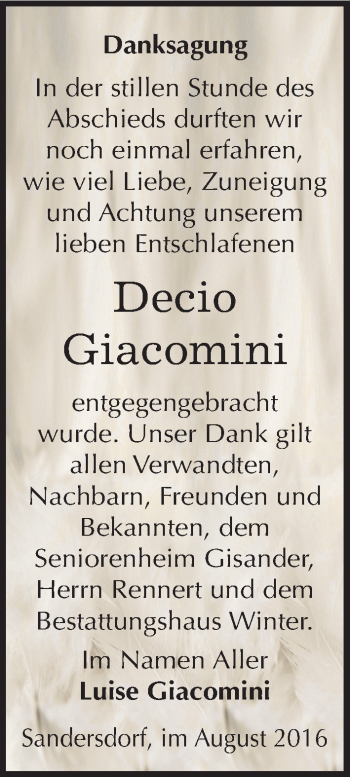 Traueranzeige von Decio Giacomini von Mitteldeutsche Zeitung Bitterfeld