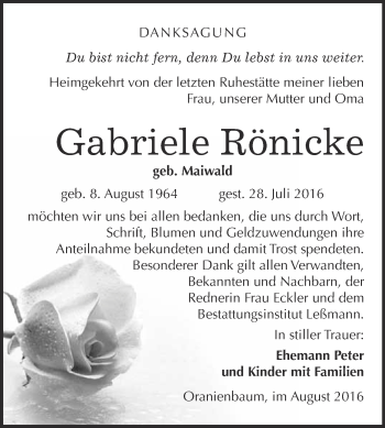 Traueranzeige von Gabriele Rönicke von WVG - Wochenspiegel Wittenberg