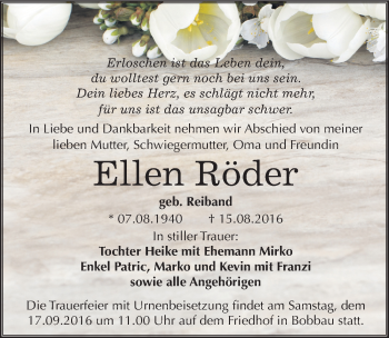 Traueranzeige von Ellen Röder von Mitteldeutsche Zeitung Bitterfeld