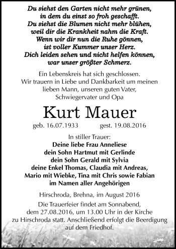 Traueranzeige von Kurt Mauer von Mitteldeutsche Zeitung Naumburg/Nebra