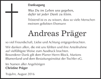Traueranzeige von Andreas Präger von Super Sonntag Wittenberg