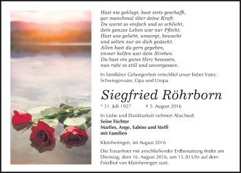 Traueranzeige von Siegfried Röhrborn von Mitteldeutsche Zeitung Naumburg/Nebra