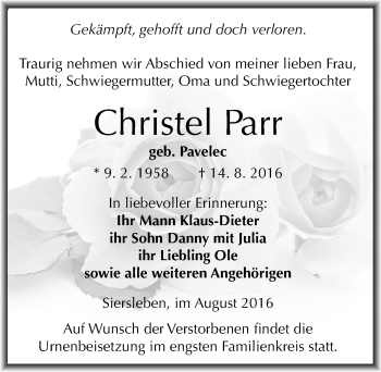 Traueranzeige von Christel Parr von Mitteldeutsche Zeitung Mansfelder Land