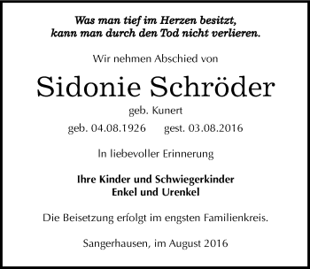 Traueranzeige von Sidonie Schröder von Mitteldeutsche Zeitung Sangerhausen