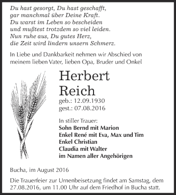 Traueranzeige von Herbert Reich von WVG - Wochenspiegel NMB / WSF / ZTZ