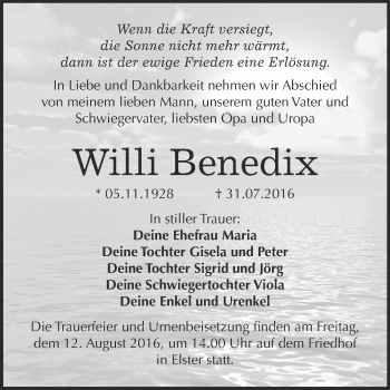 Traueranzeige von Willi Benedix von WVG - Wochenspiegel Wittenberg