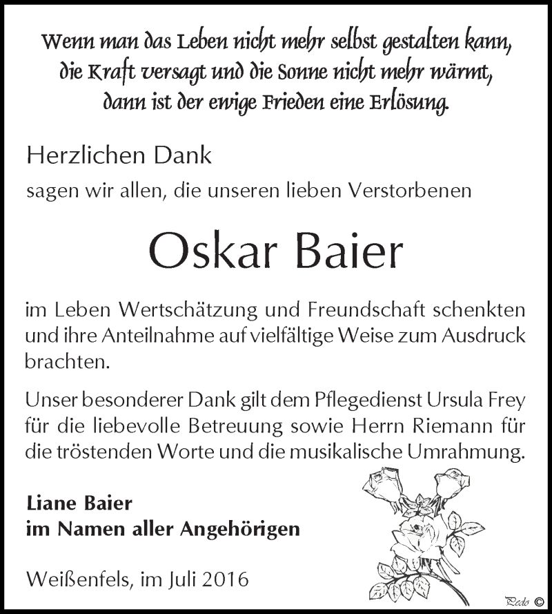  Traueranzeige für Oskar Baier vom 03.08.2016 aus WVG - Wochenspiegel NMB / WSF / ZTZ