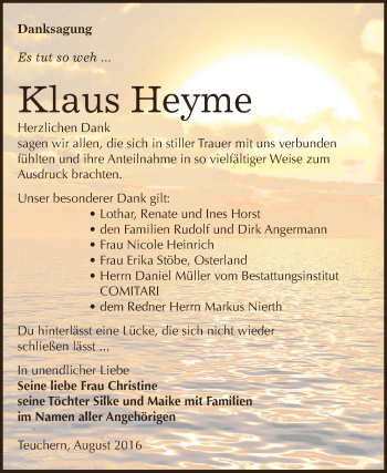 Traueranzeige von Klaus Heyme von WVG - Wochenspiegel NMB / WSF / ZTZ