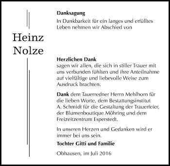 Traueranzeige von Heinz Nolze von Mitteldeutsche Zeitung Merseburg/Querfurt